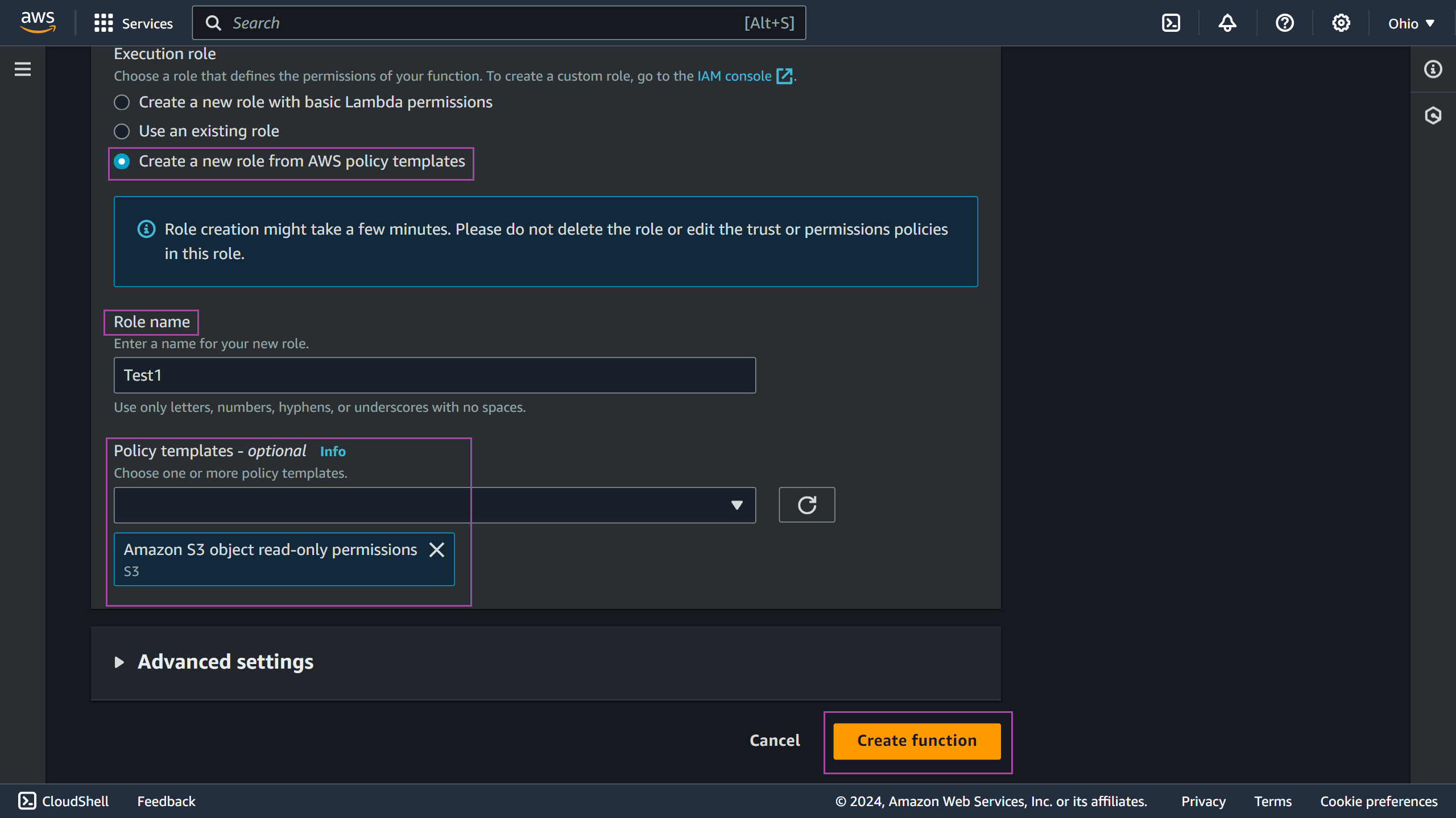 aws-policy-template-new-role Create a new role