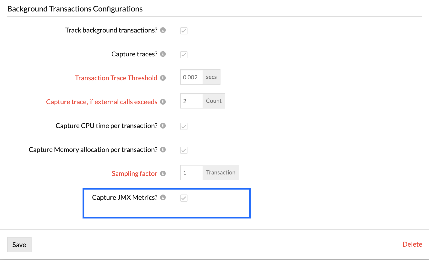 capture-jmx-metrics Background transactions configurations