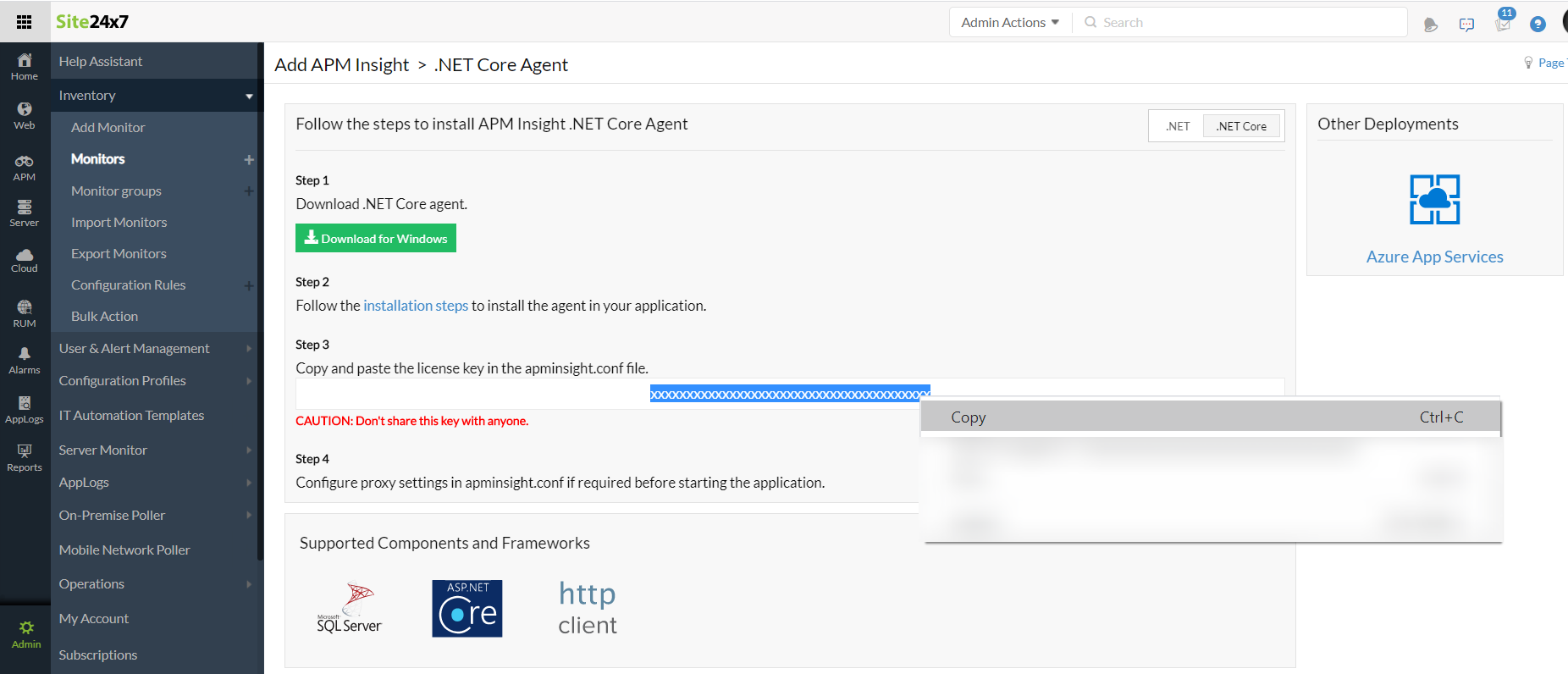 install-licensekey-dotnet-servicefabric Site24x7 license key