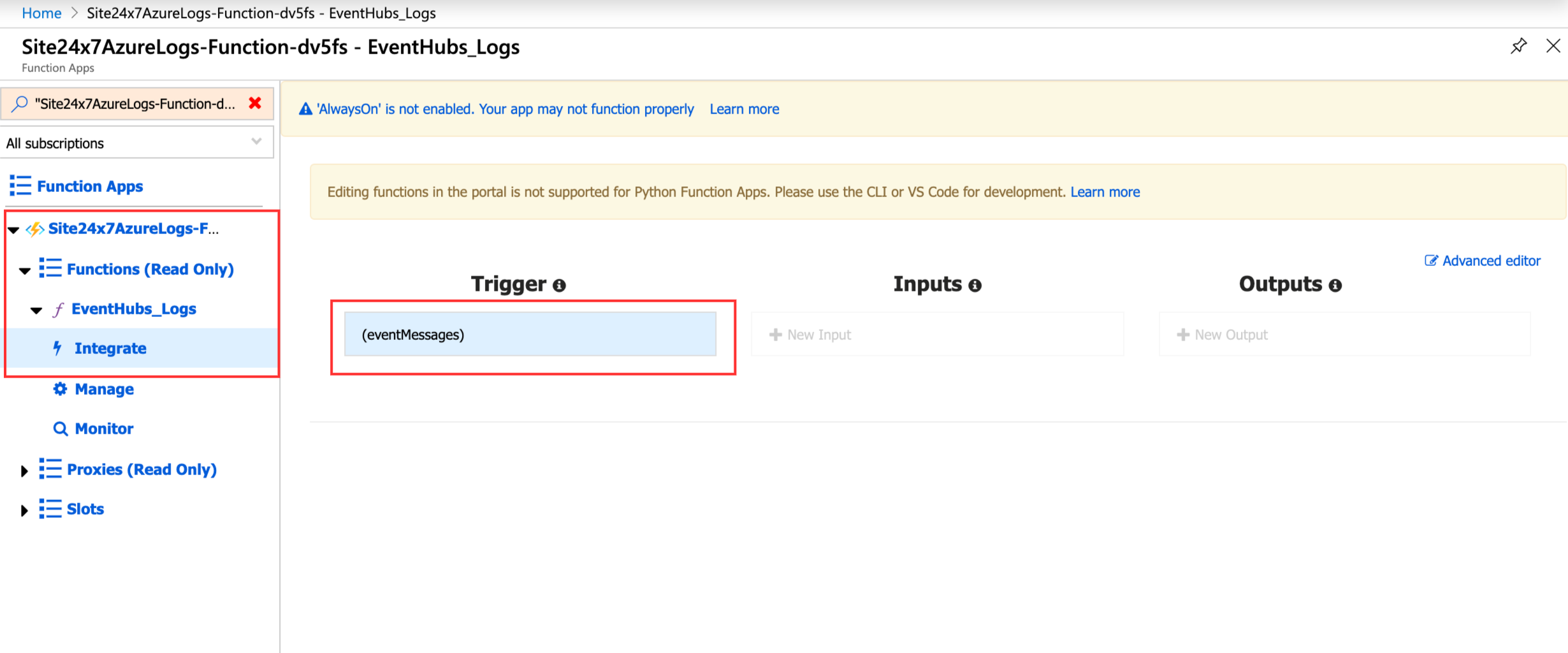 logs-azure-fn-integrate Verifying configurations