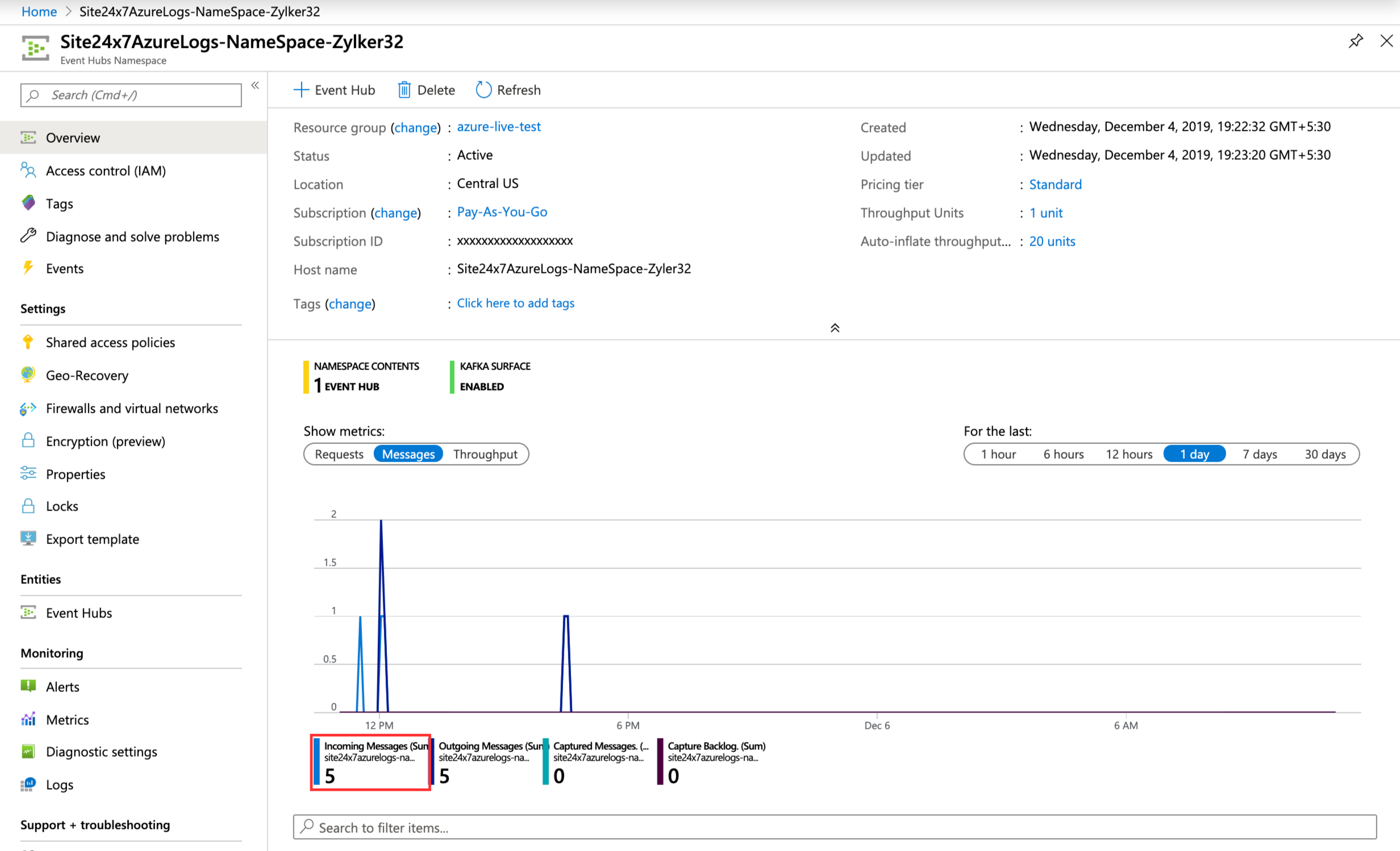 logs-azure-incoming-message Verifying if Event Hubs is receiving logs