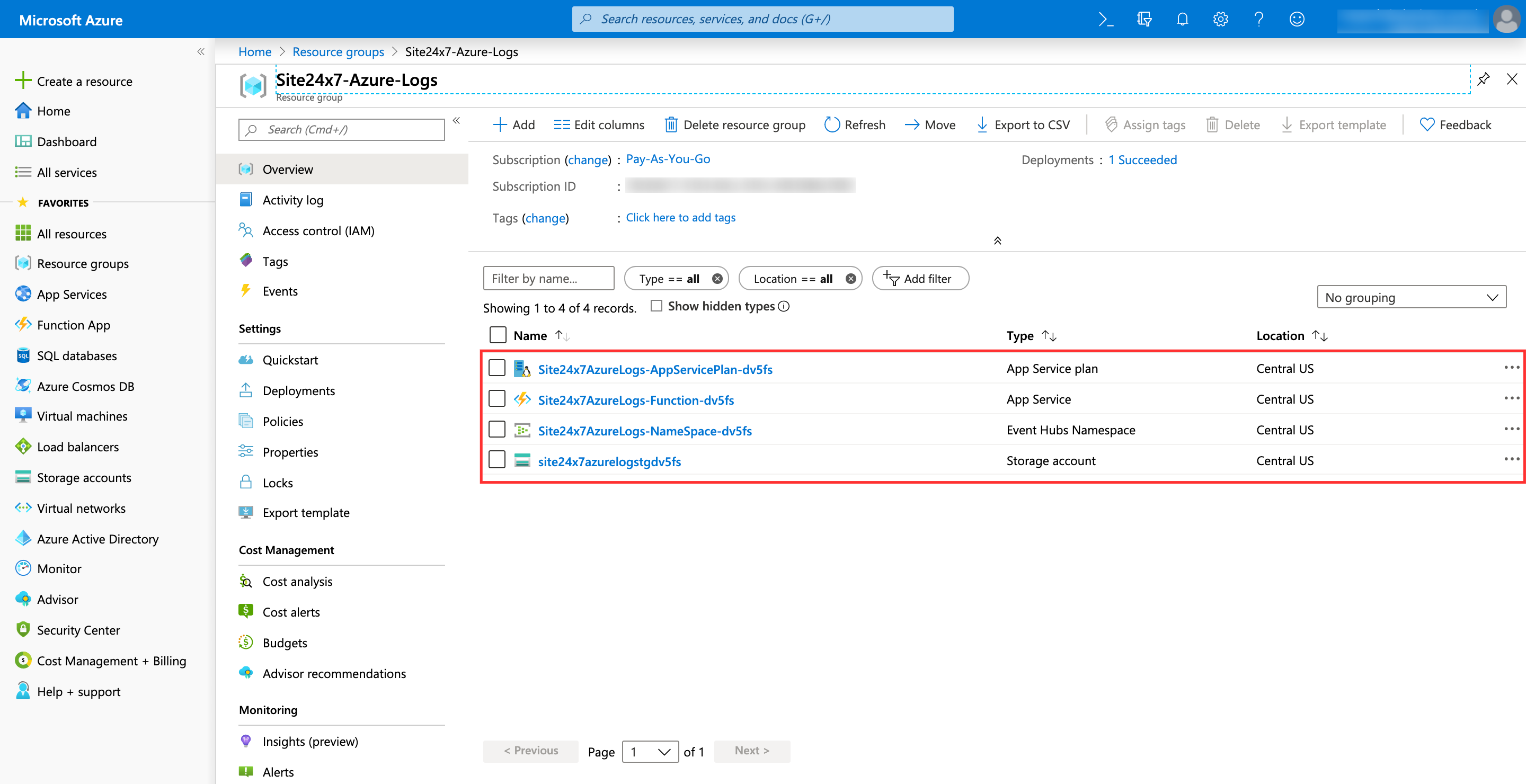 logs-azure-resource Resoruce groups
