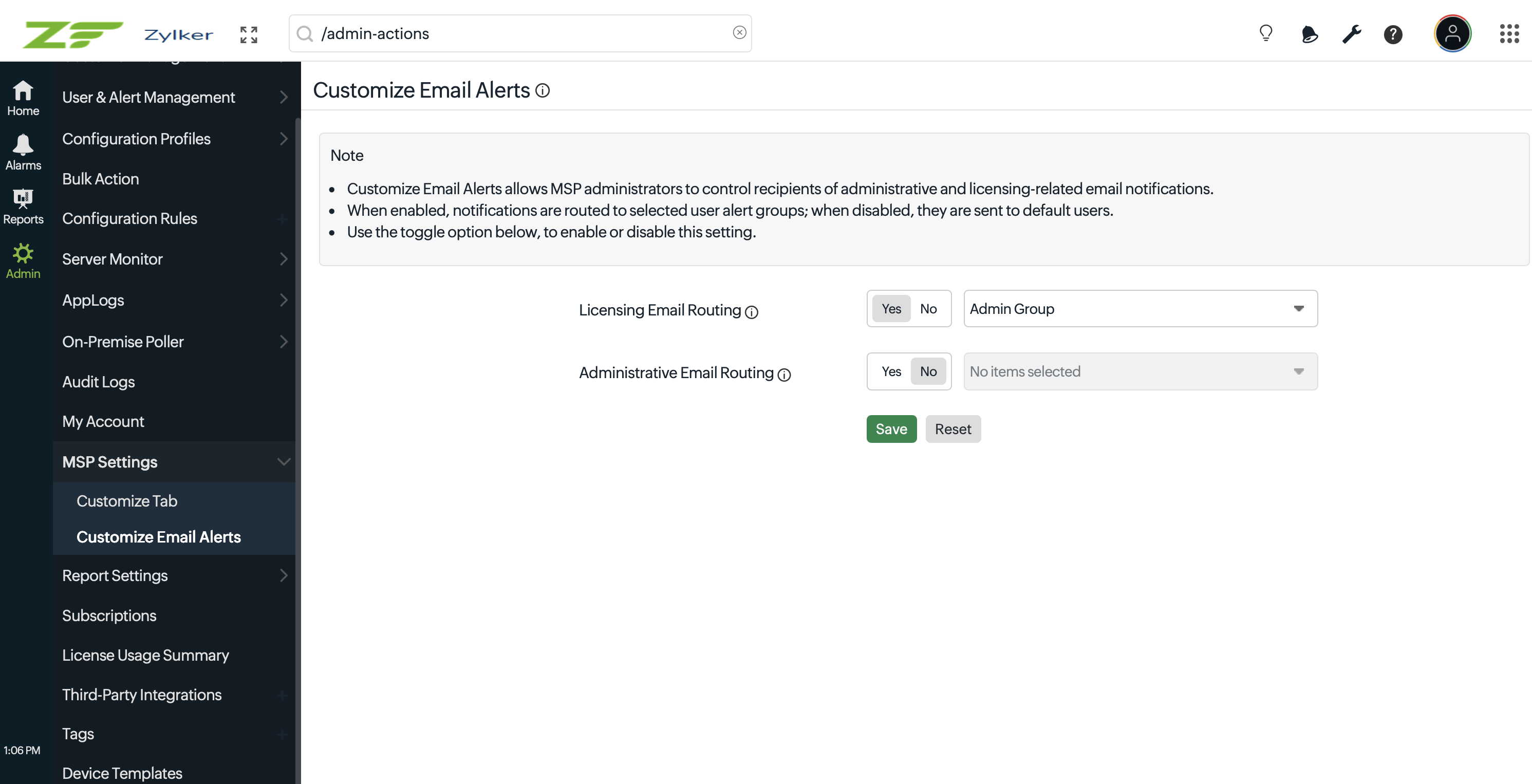 MSP Customize email alerts