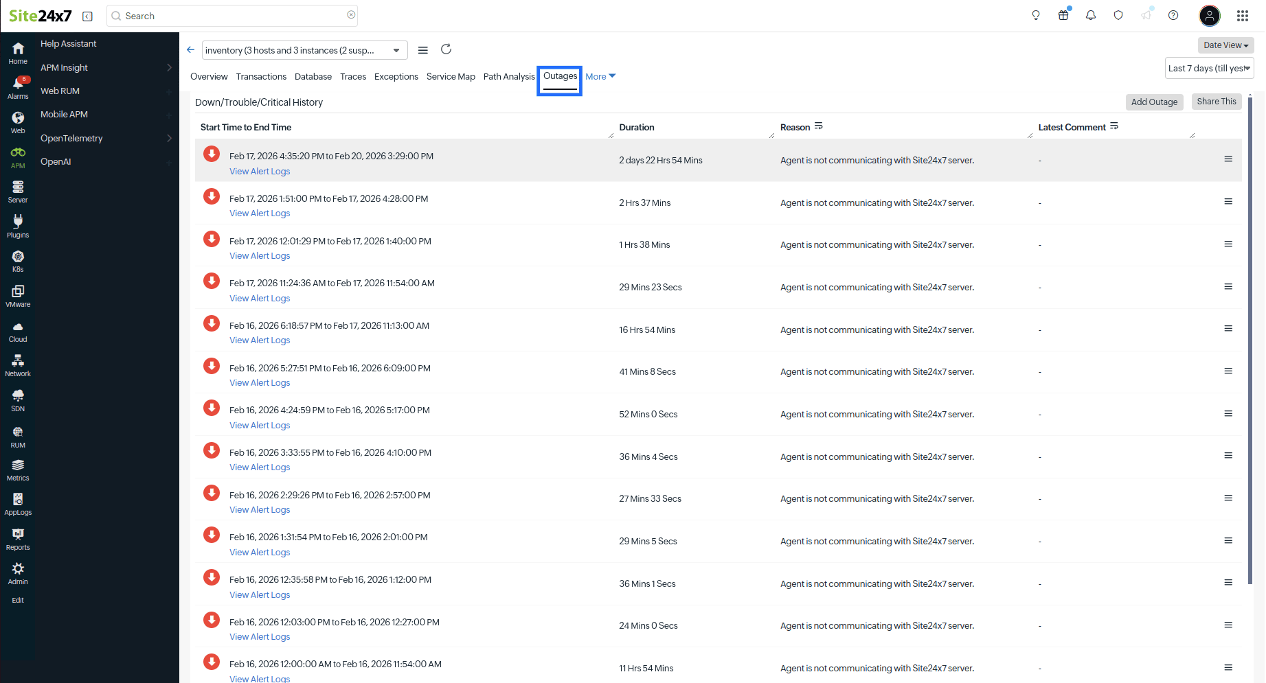 apm-outage Outages tab