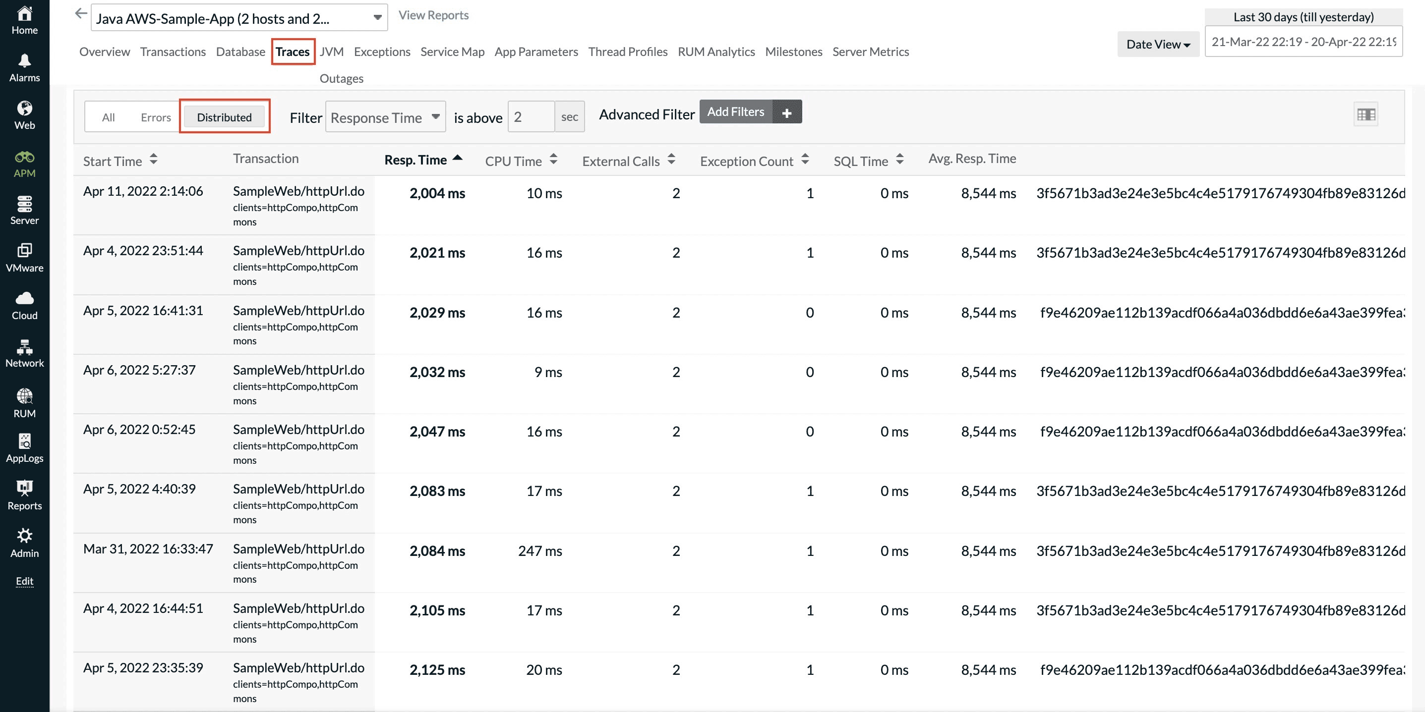 apm-distributed-traces-list Distributed tracing list
