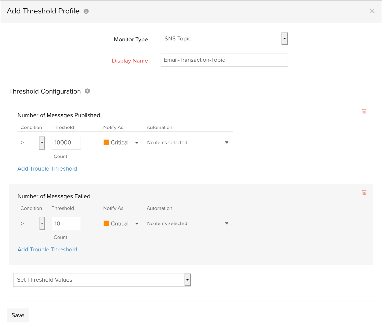 SNS Topic Threshold Configuration SNS Topic threshold profile