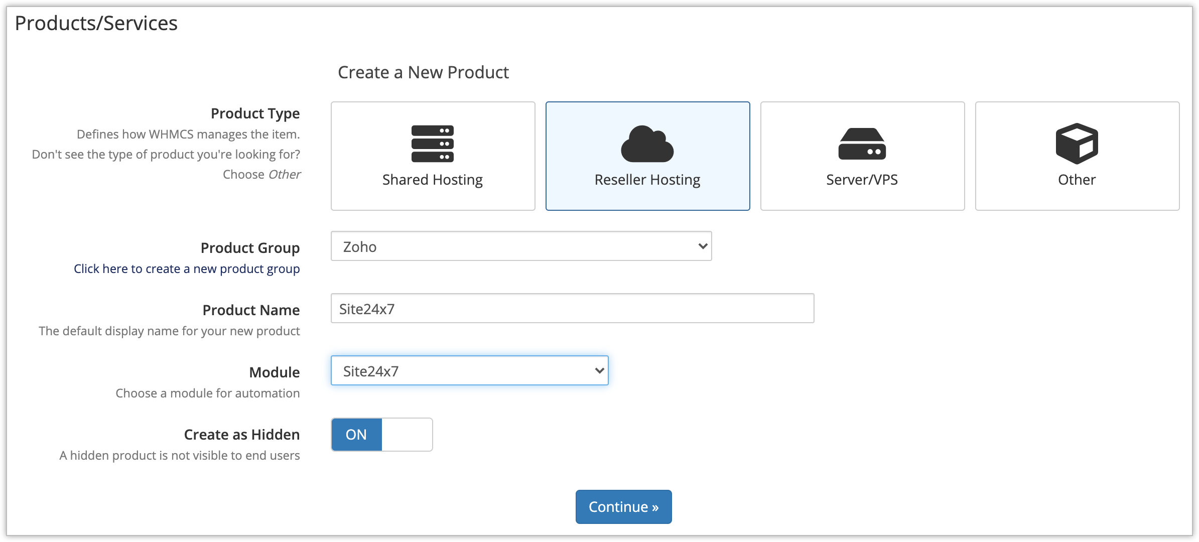 whmcs-reseller-hosting Module Settings on WHMCS