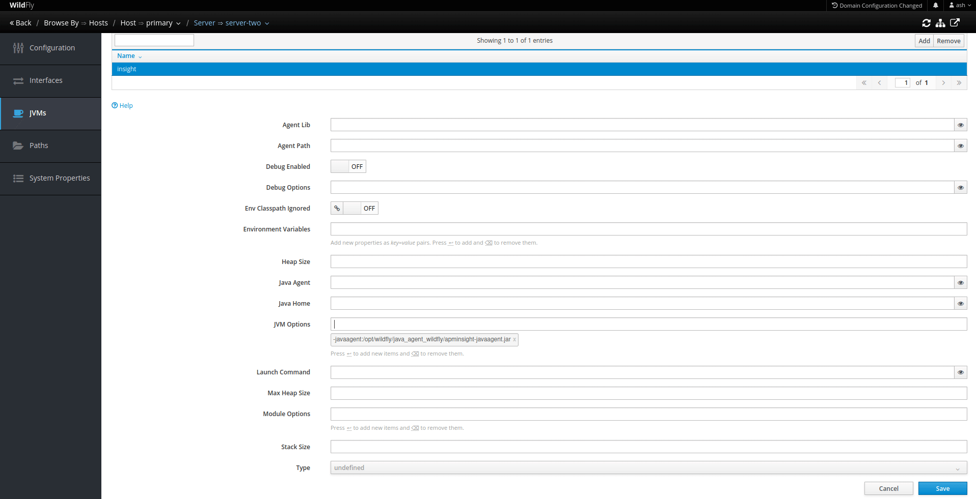 wildfly-7-a Add the agent's JAR file path
